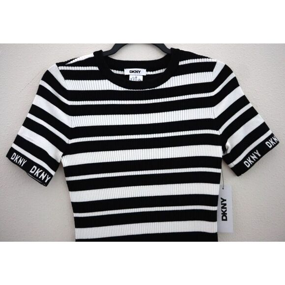 DKNY DD5Z1104 Women's Sz S Black/Ivory Striped Short Sleeve Sweater Dress - Picture 4 of 7